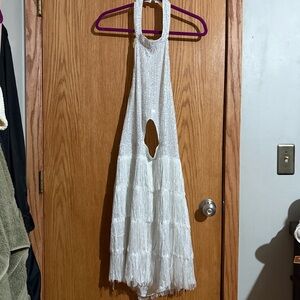 White Fringe Halter Dress